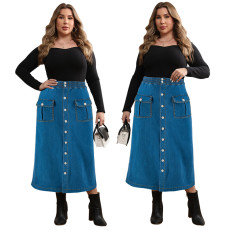 Large size women's denim new fit breasted long skirt