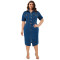 Large size women's new denim lapel short sleeved slit mid length dress