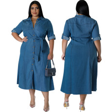 Large size women's denim lapel long sleeved tied mid length dress