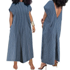 Large size women's denim loose sleeveless round neck striped long dress