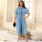 Large size women's denim collar short sleeved zipper mid length dress