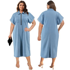 Large size women's denim collar short sleeved zipper mid length dress