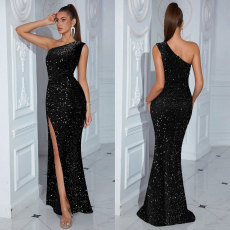 Slanted shoulder split hip hugging slim velvet bead dress