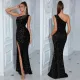 Slanted shoulder split hip hugging slim velvet bead dress