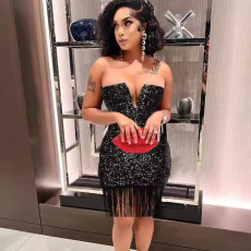 V-neck strapless, hip hugging, tassel sequin dress