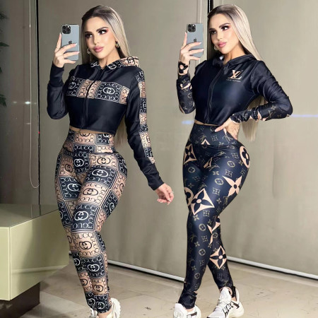 Fashionable and casual sports printed long sleeved pants set with zipper and hooded two-piece set