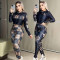 Fashionable and casual sports printed long sleeved pants set with zipper and hooded two-piece set