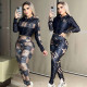 Fashionable and casual sports printed long sleeved pants set with zipper and hooded two-piece set