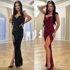 Strap strap, small V-neck, waist cinching, split waist, hip hugging sequin dress