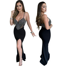 Fashionable women's sleeveless V-neck long dress with rhinestone hot stamping and split design
