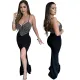 Fashionable women's sleeveless V-neck long dress with rhinestone hot stamping and split design