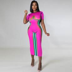 Full body positioning printed round neck short sleeved jumpsuit long skirt