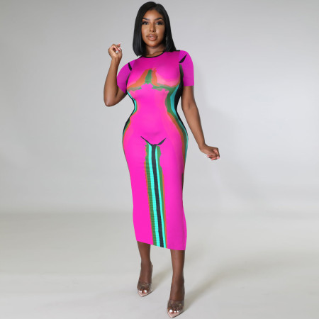 Full body positioning printed round neck short sleeved jumpsuit long skirt