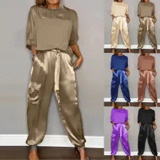 Summer fashion satin short sleeved round neck top and lace up pants casual set