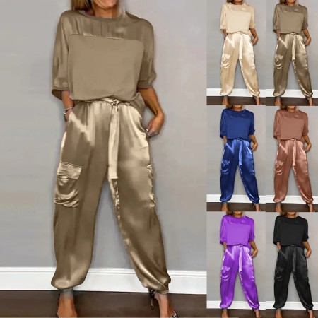 Summer fashion satin short sleeved round neck top and lace up pants casual set