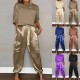 Summer fashion satin short sleeved round neck top and lace up pants casual set