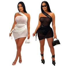 Slanted Shoulder Perspective Dress for Women, Sexy Irregular Short Skirt, Underwear Not Included