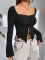 Spring and Autumn two-piece top with mushroom edge flared sleeves, sexy off shoulder length