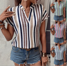 Spring and summer new striped print V-neck batball sleeve shirt for women