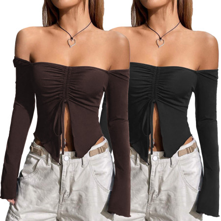 Spring and Autumn two-piece top with mushroom edge flared sleeves, sexy off shoulder length