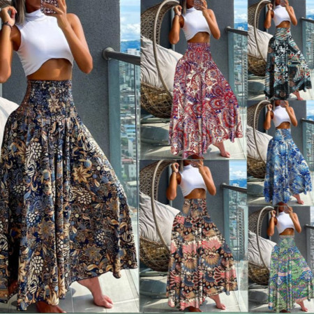 Fashionable retro printed high waisted wide leg pants, casual loose women's pants