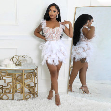New nail bead feather V-neck waist cinched short dress luxurious haute couture party dress