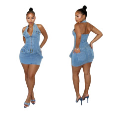 Hot selling neck hanging elastic denim dress