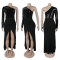 Single shoulder long sleeved slit waist bag and hip sequin dress