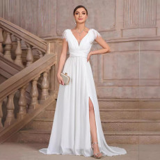 Summer velvet collar chiffon slit elegant slim fit banquet women's evening dress