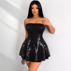 Sleeveless strapless waist cinching slim fit sequin dress