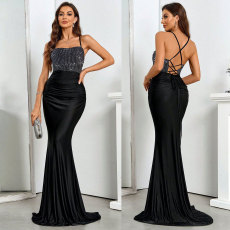 Hot stamping strap hollow pleated fish tail skirt dress