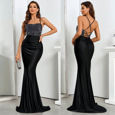 Hot stamping strap hollow pleated fish tail skirt dress