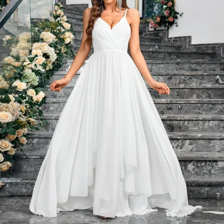 Strap V-neck new large skirt solid color Amazon elegant slim fit sleeveless wedding dress