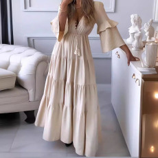 New V-neck solid color dress, long skirt