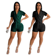 Fashion solid color short sleeved women's jumpsuit