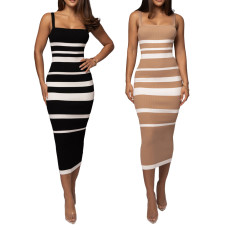 Sexy and fashionable striped shoulder strap one neck strapless dress