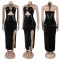 Strap hanging neck slit slim fit sequin dress