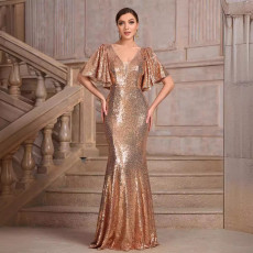 New V-neck mid sleeve solid color summer sequin elegant slim fit fishtail skirt