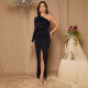 Single shoulder long sleeved slit waist bag and hip sequin dress