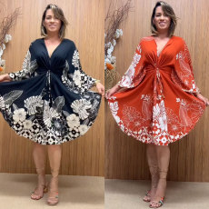 Casual and fashionable printed strap slit V-neck long sleeved dress