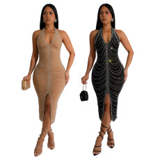 High end hot stamping sexy backless tight slit dress