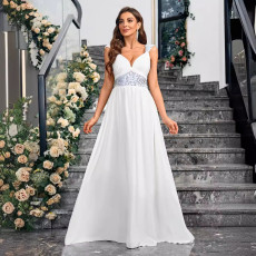 New solid color sequin suspender V-neck European and American elegant backless slim fit chiffon banquet evening dress