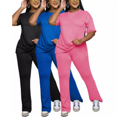 Solid color short sleeved top with micro flared pants casual suit