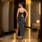 Fashionable women's rhinestone split dress long skirt