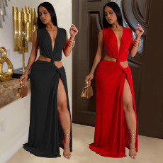 Fashion women's sleeveless deep V-slit dress