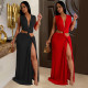 Fashion women's sleeveless deep V-slit dress