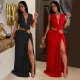 Fashion women's sleeveless deep V-slit dress