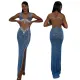ashionable and sexy mesh rhinestone dress with transparent sleeveless slim fit long skirt