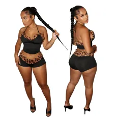 Sexy lace up short top paired with ultra short leopard print spliced milk silk two-piece set