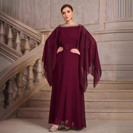 New Solid Color Shawl Sleeve Round Neck European and American Belt Chiffon Elegant Banquet Evening Dress